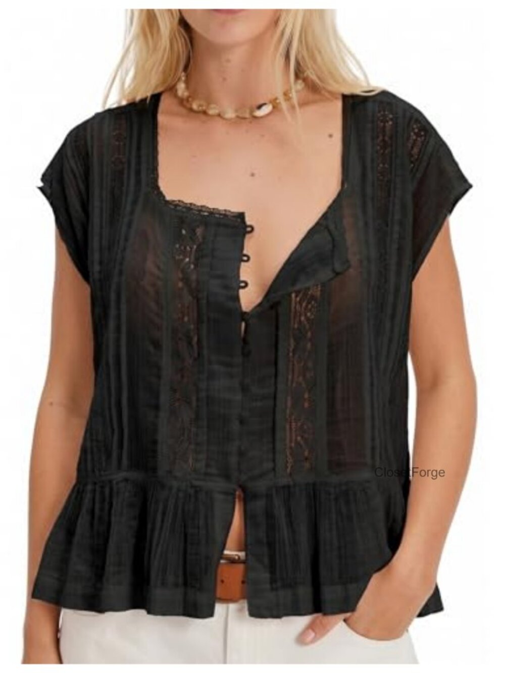 Women Boho Semi Sheer Lace Trim Button Down Blouse Short Sleeve Y2K Top